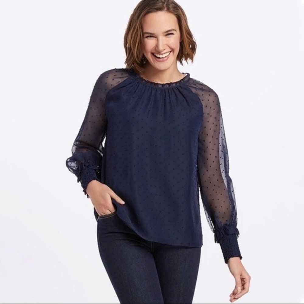 Draper James‎ Navy Swiss Dot Sheer Ruffle Neck Long Sleeve Blouse Top Womens S